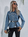 Peplum Collared Neck Long Sleeve Denim Top