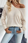 Beige Waffle V Neck Patchwork Lace Sheer Long Sleeve Top