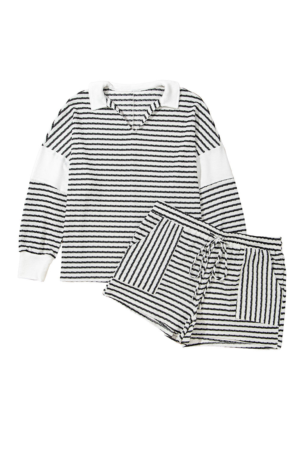 Black Stripe Textured V Neck Long Sleeve Top and Shorts Plus Size Set