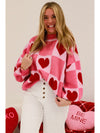 Pink Plus Size Heart Colorblock Mock Neck Lantern Sleeve Sweater