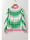 Bright Green Striped Contrast Trim Long Sleeve Top