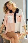 BiBi Color Block Quarter Neck Short Dolan Sleeve Top