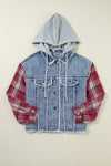 Beau Blue Plaid Print Patchwork Hooded Raw Hem Denim Jacket