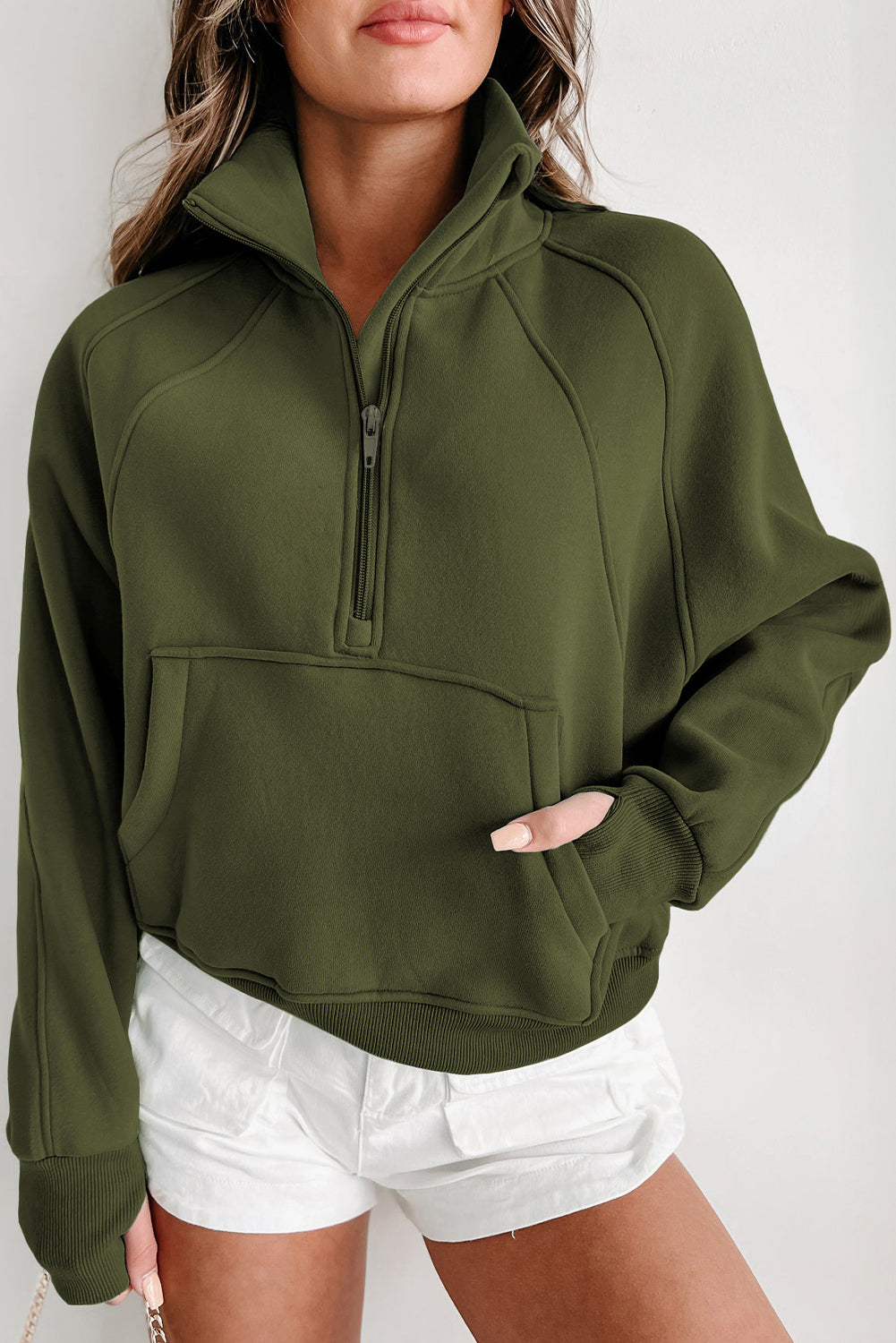 Flamingo Zip Up Stand Collar Ribbed Thumbhole Sleeve Sweatshirt