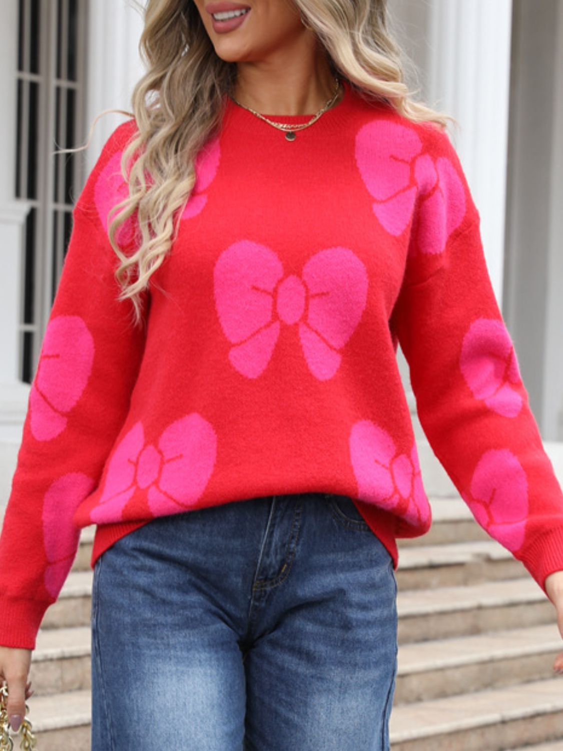  Angel Wings Bow Round Neck Dropped Shoulder Sweater.