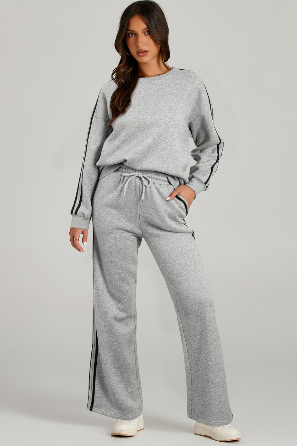 Light Grey Solid Color Side Striped Sweatshirt Pants Set