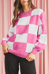 Rose Checkered Bishop Sleeve Pullover Sweater