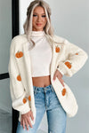 White Pumpkin Print Open Front Drop Shoulder Knit Cardigan