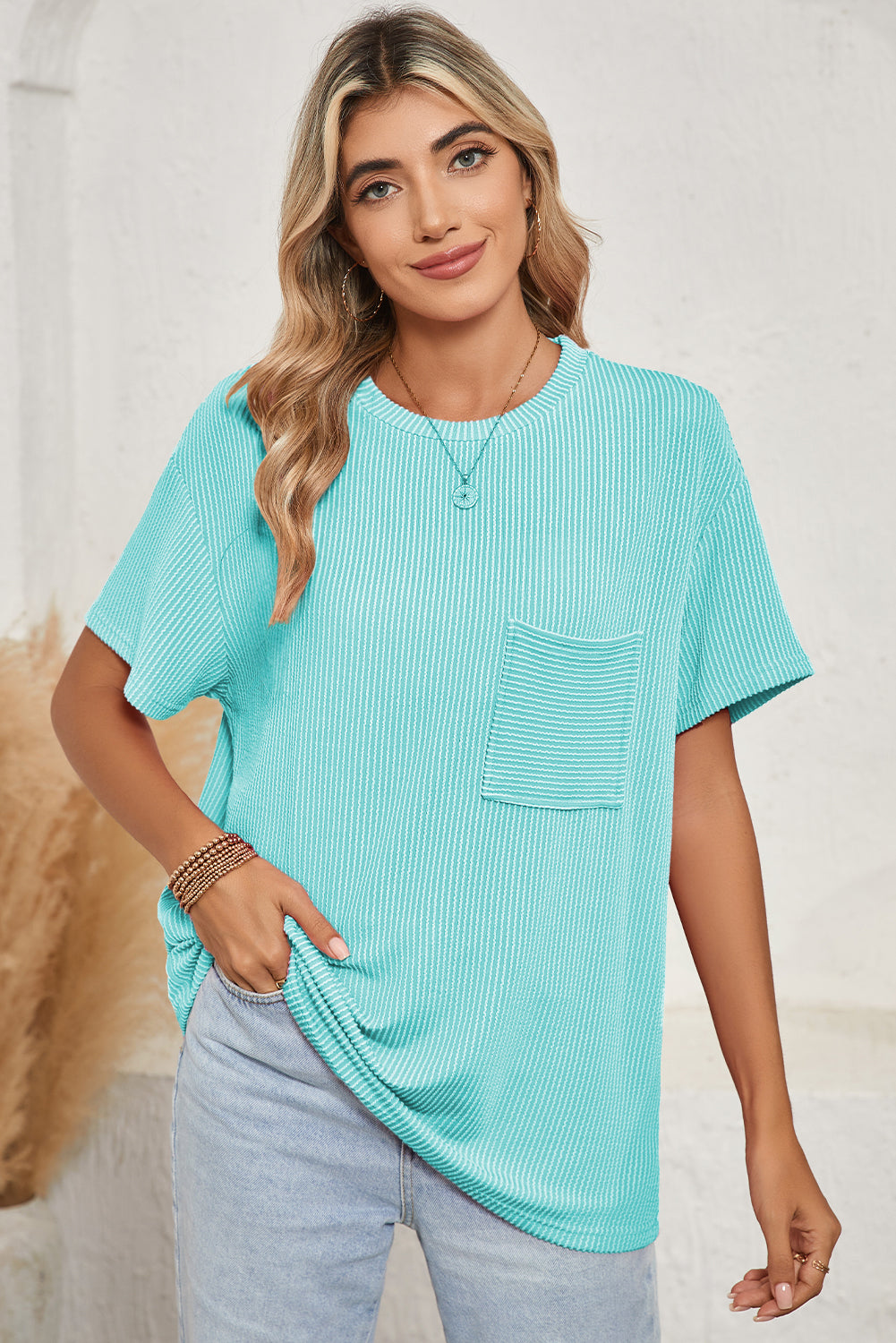 Turquoise Crinkle Rib Knit Pocketed Loose Fit Crew Neck T Shirt