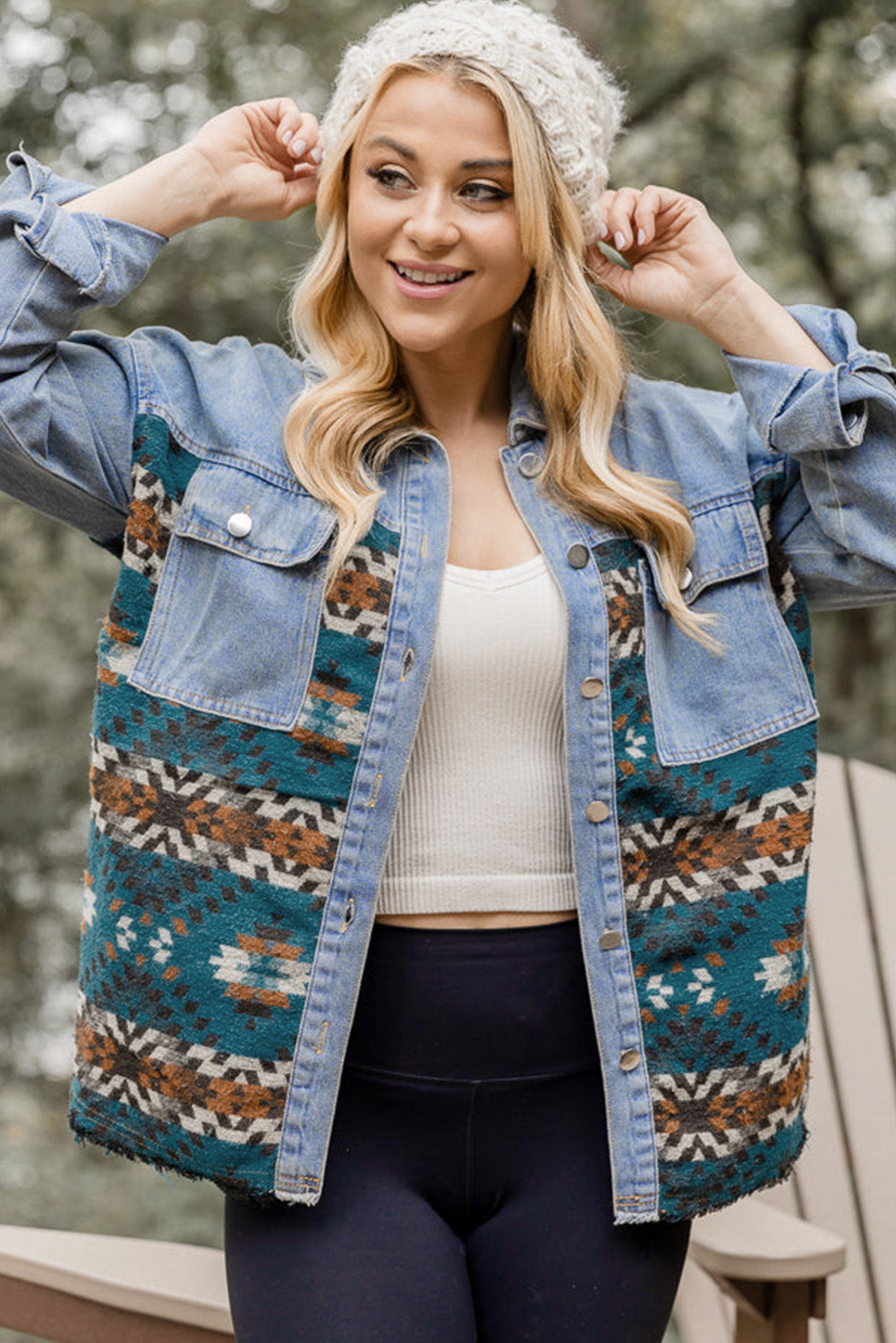 Blue Vintage Geometric Print Raw Hem Denim Jacket