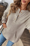 Simply Taupe Ribbed Texture Drop Shoulder Henley Knit Top