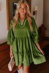 Black Contrast Stitched V Neck 3/4 Sleeve Swing Mini Dress