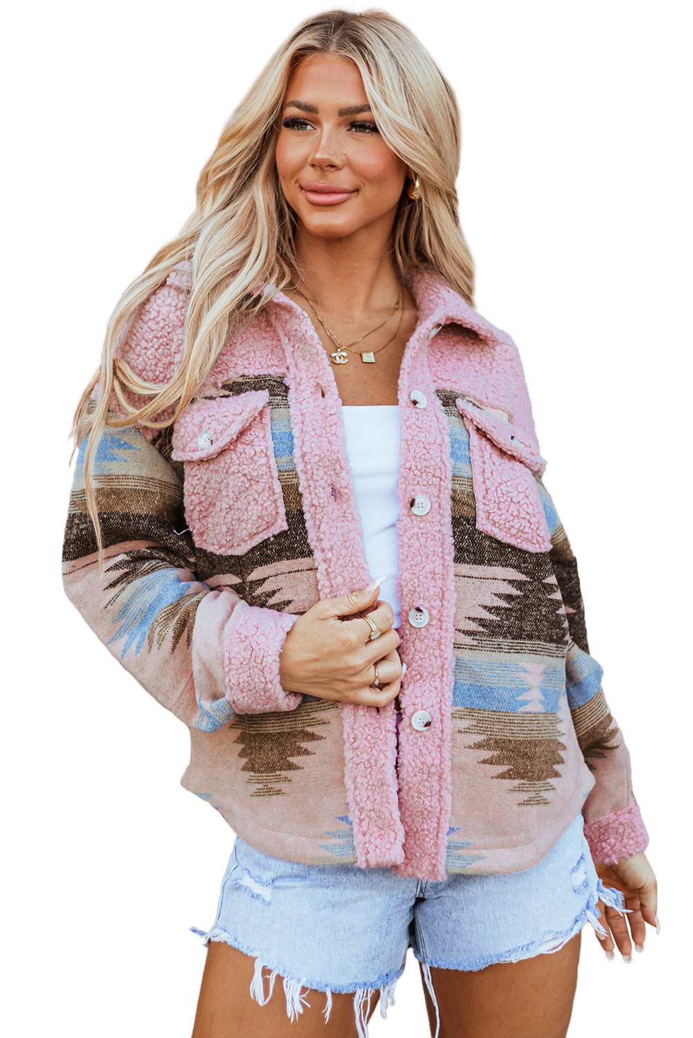 Pink Aztec Print Sherpa Splicing Buttoned Flap Pocket Coat