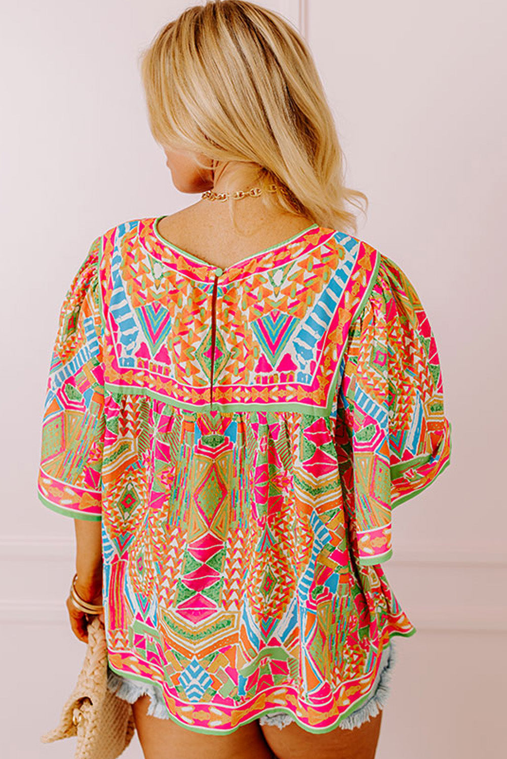 Green Geometric Print Bell Sleeve Plus Size Blouse