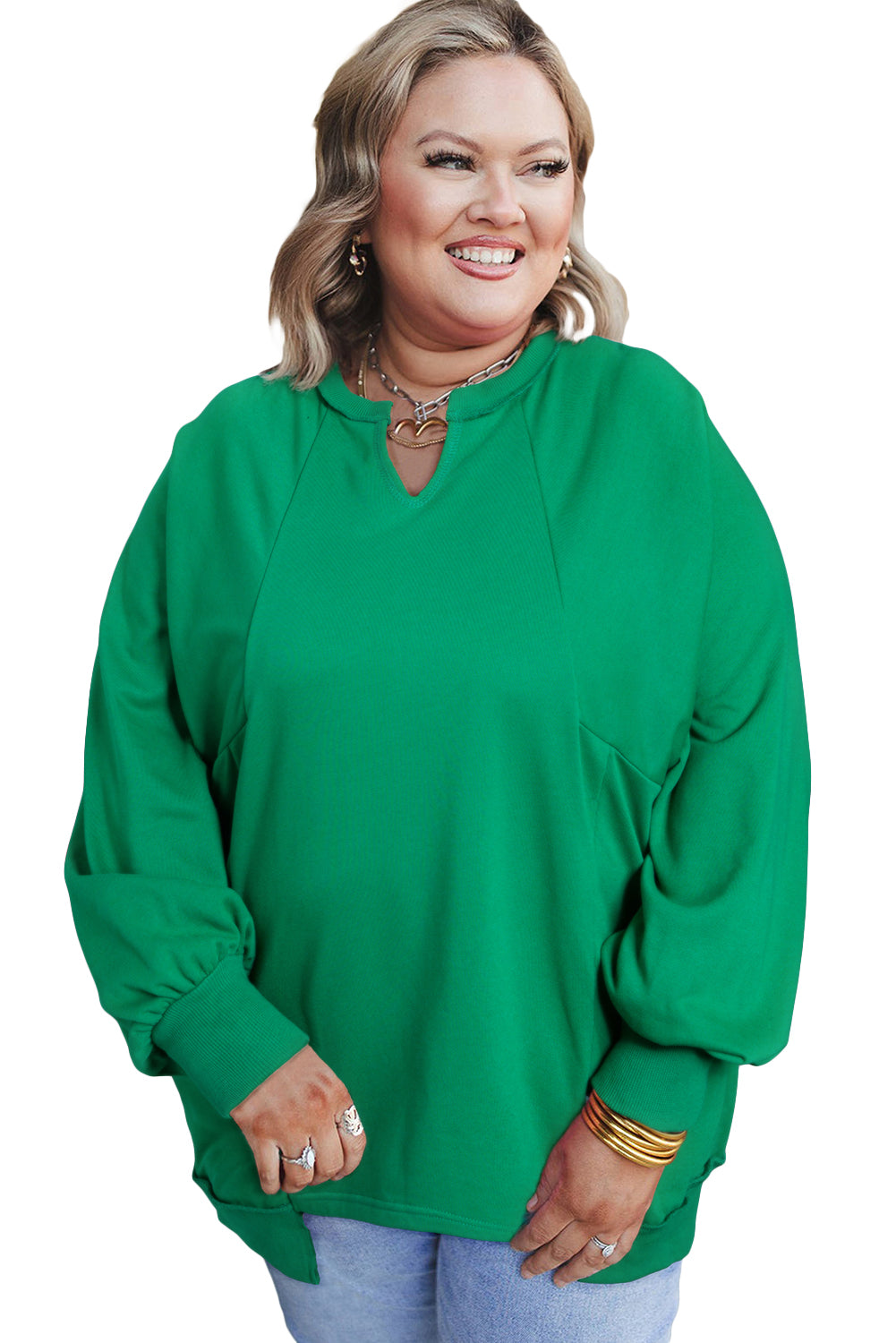 Bright Green Exposed Seam Notched Neck Plus Size Sweatshirt