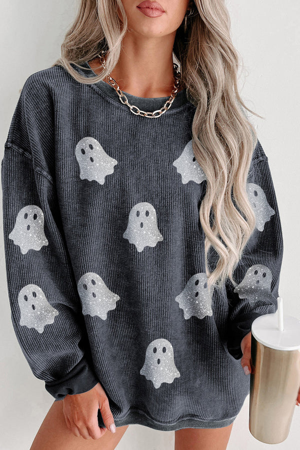 Gray Glitter Halloween Ghost Corded Crew Neck Loose Sweatshirt