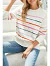 Black Colorful Striped Ribbed Trim Round Neck Sweater