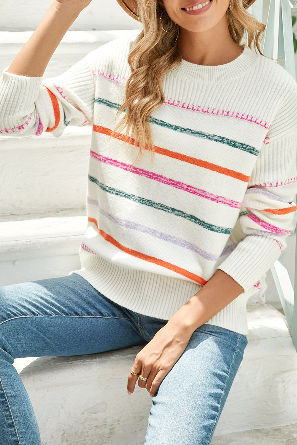 Black Colorful Striped Ribbed Trim Round Neck Sweater