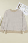 Brown Plus Size Stripe Ribbed Trim Drop Shoulder Long Sleeve Oversized Top