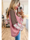 Fushia Floral Plaid Mixed Print Patchwork Raglan Ribbed Top