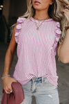 Pink Grey Casual Striped Print Ruffle Summer Top