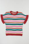 Fiery Red Striped Diamond Print Ruffle Sleeve Knit Top