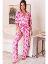 Pink Bow Knot Print Lapel Collar Short Sleeve and Pants Pajamas Set