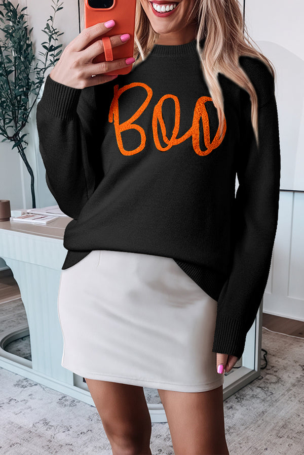 Black Halloween Boo Drop Shoulder Knit Sweater