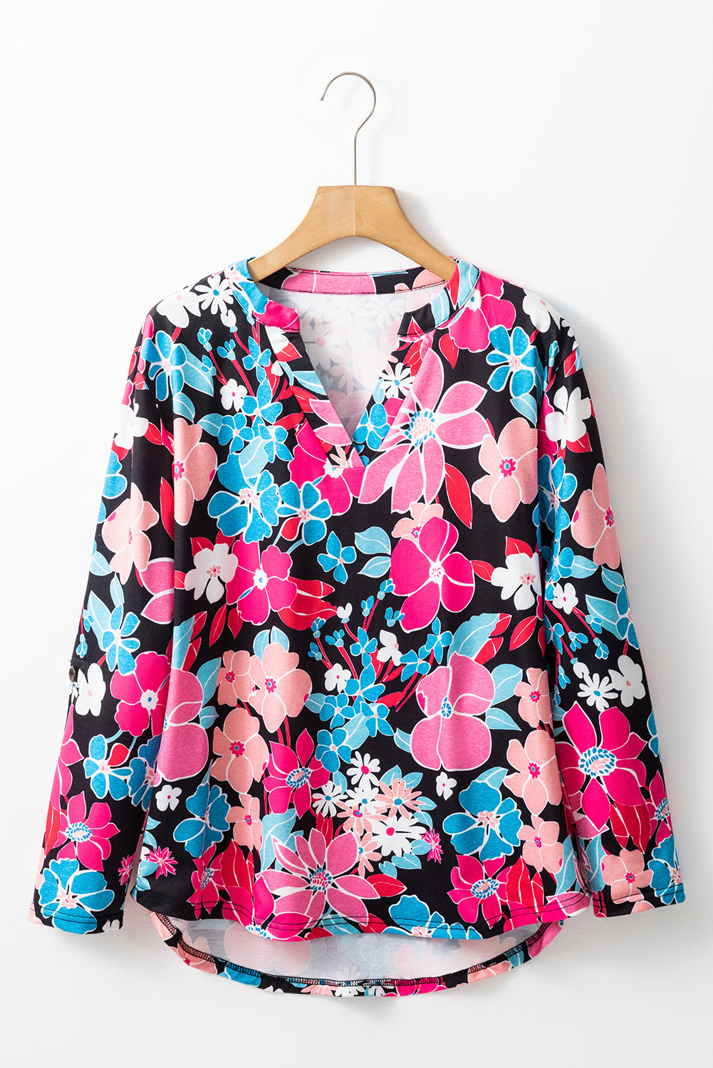 Pink Floral V Neck Roll Tab Sleeve Blouse