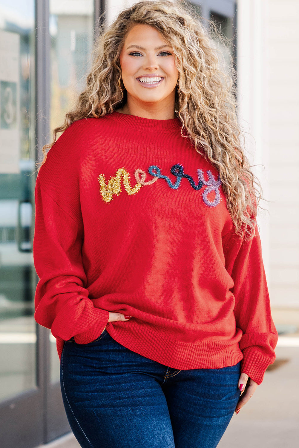 Fiery Red Tinsel merry Pattern Christmas Plus Size Sweater