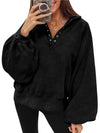 Black Snap Buttons Collared Balloon Sleeve Oversized Sweatshirt