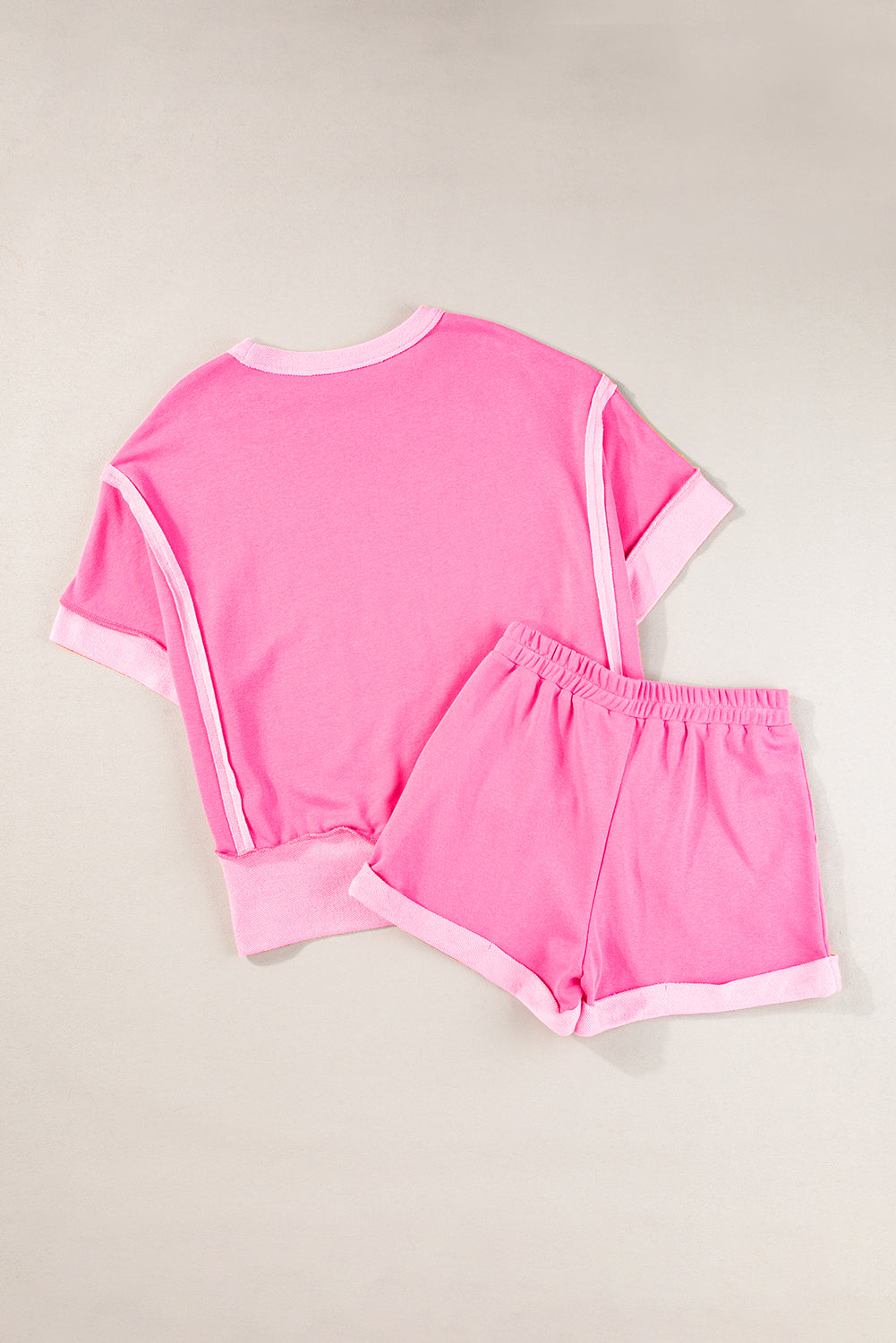 Sachet Pink Terry Cloth Patchwork Oversized Top & Shorts Set