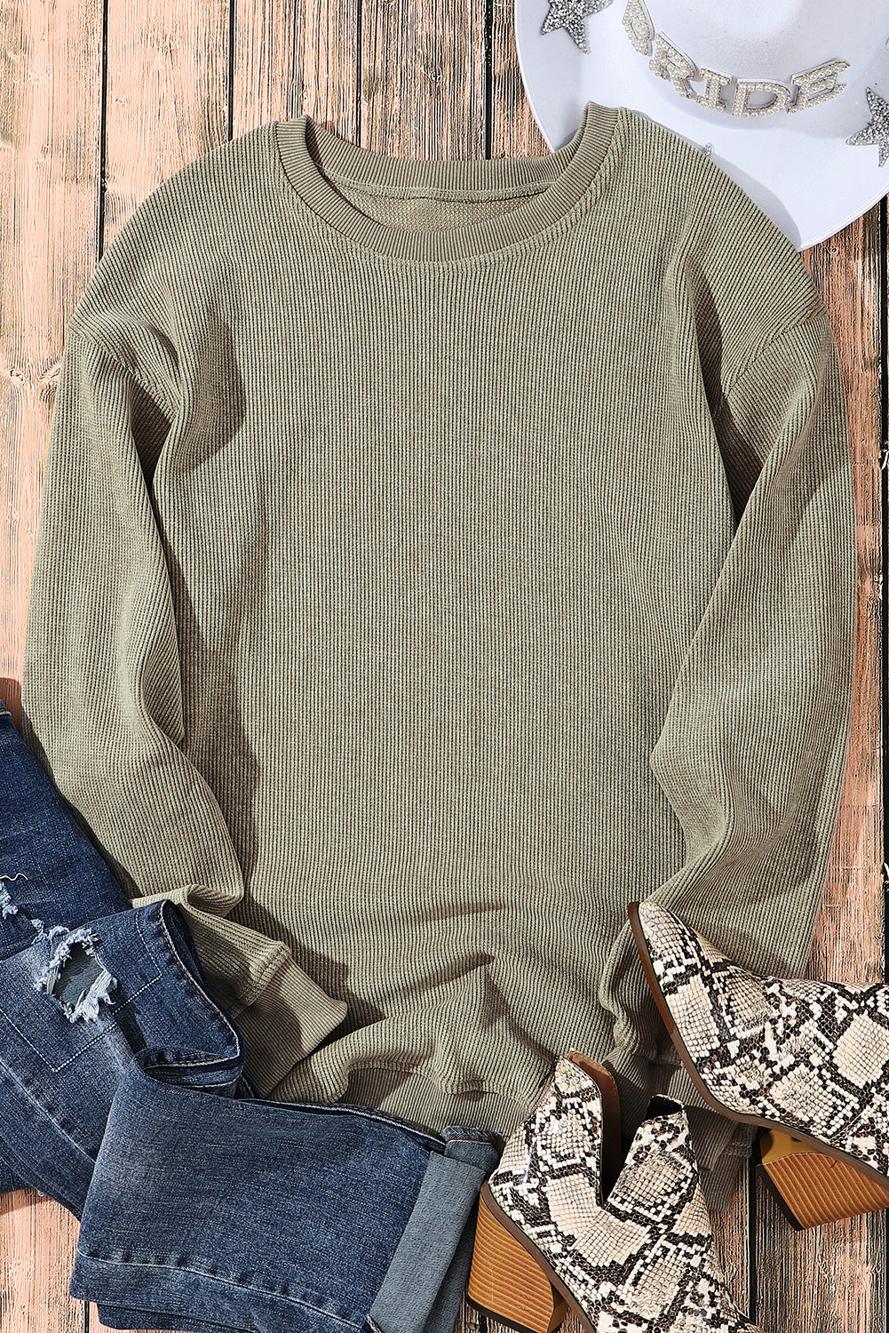 Khaki Solid Ribbed Round Neck Pullover Sweatshirt