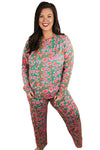 Black Plus Size Floral Printed Long Sleeve and Pants Loungewear Set