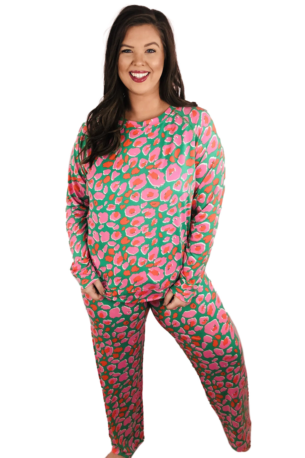 Black Plus Size Floral Printed Long Sleeve and Pants Loungewear Set