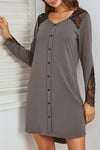 Sleet Lace Patchwork V Neck Button Nightgown Dress