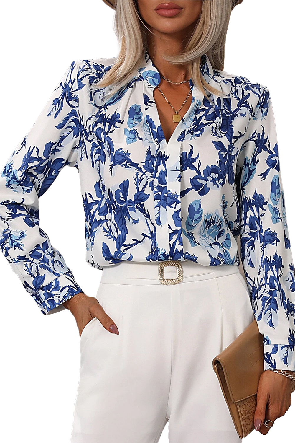 Sky Blue Floral Print Notched V Neck Blouse