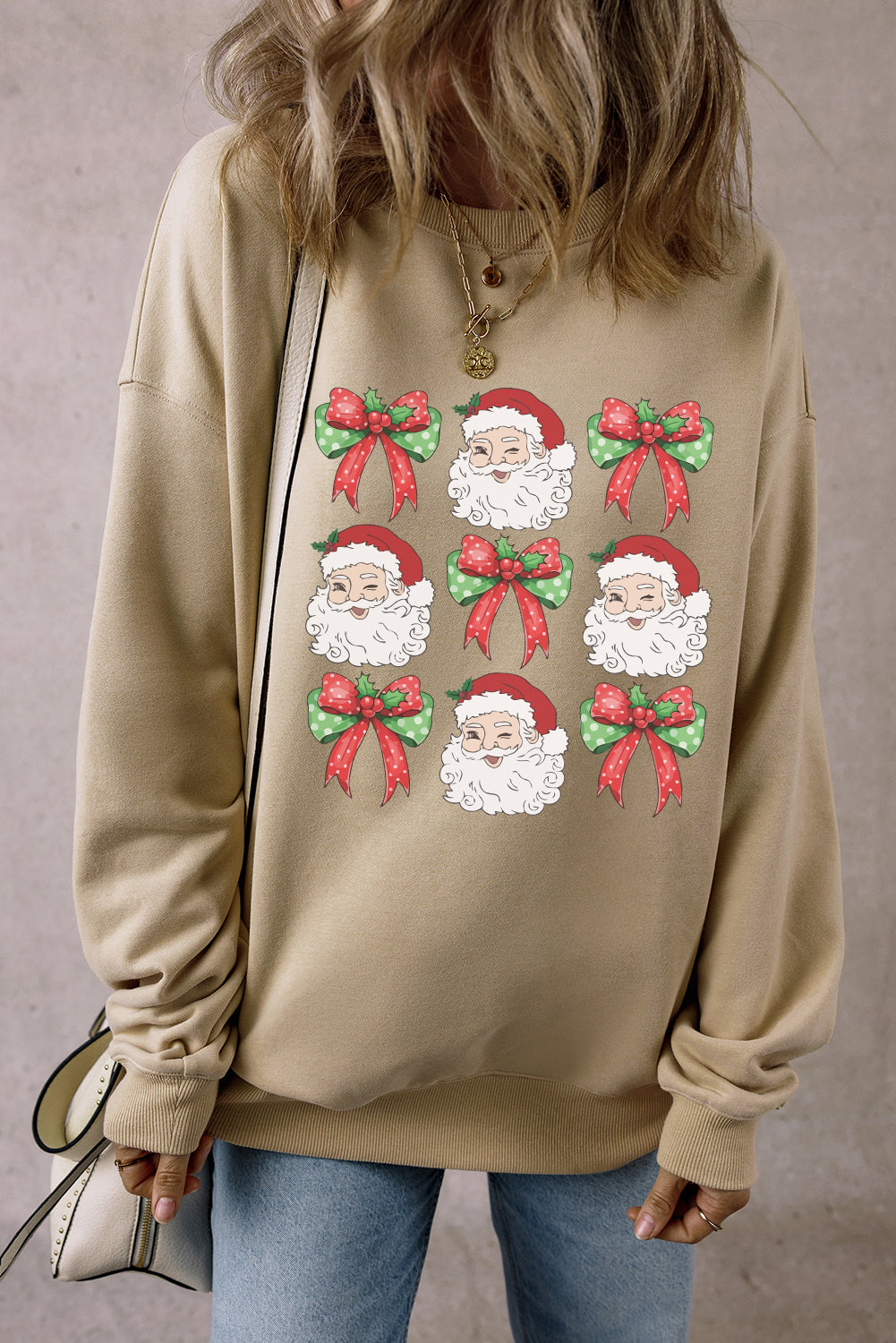 Parchment Christmas Santa Claus Bow Knot Print Drop Shoulder Sweatshirt