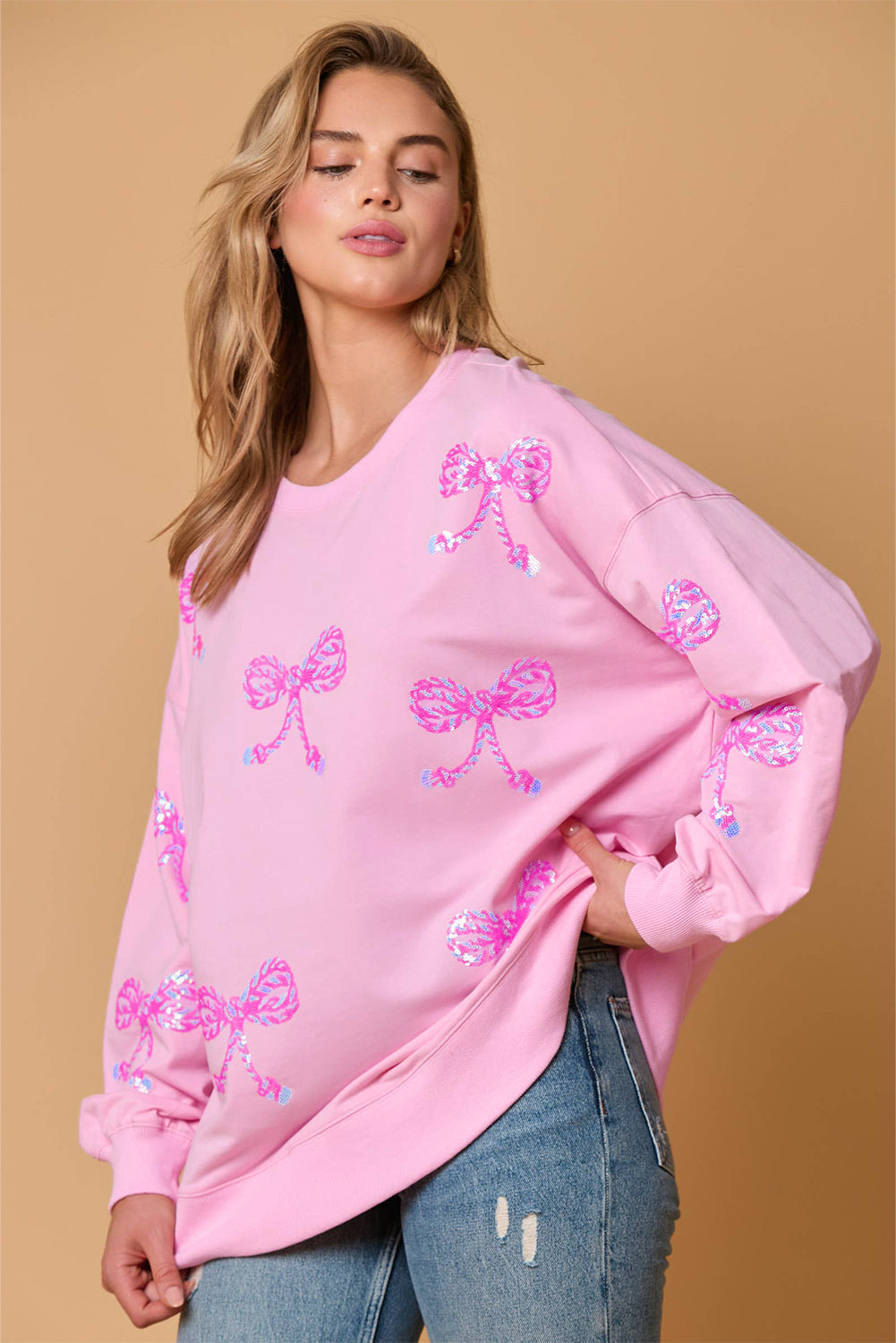 Pink Sequined Bow Graphic Round Neck Drop Sleeve Sweatshirt