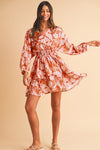 Brown Floral Puff Sleeve Shirred Waist Layered Dress