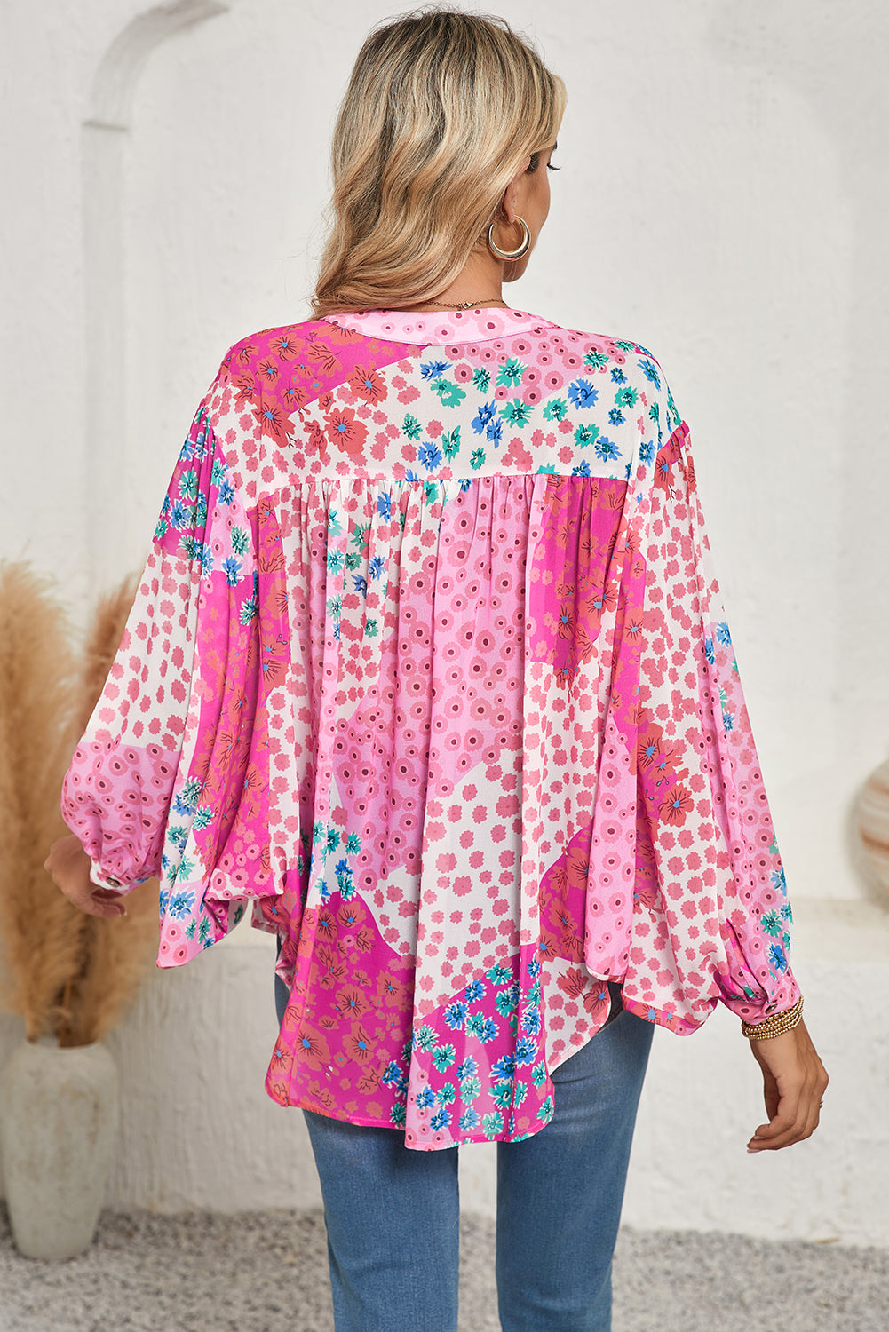 Rose Red Floral Print Dolman Sleeve Blouse