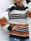 Contrast Striped Round Neck Long Sleeve Sweater - Cocoa Yacht Club