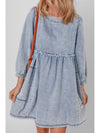 Cutout Round Neck Balloon Sleeve Denim Dress