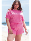 Rose Red Solid Waffle Knit Plus Size Two Piece Shorts Set