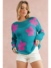 Light Pink Flower Drop Shoulder Hollow Knit Top