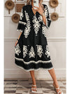 Black Print 3/4 Sleeve Loose Midi Dress