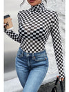 Black Checkered Print Long Sleeve Mock Neck Bodysuit