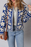 Blue Flower Print Open Front Buttoned Cuffs Jacket