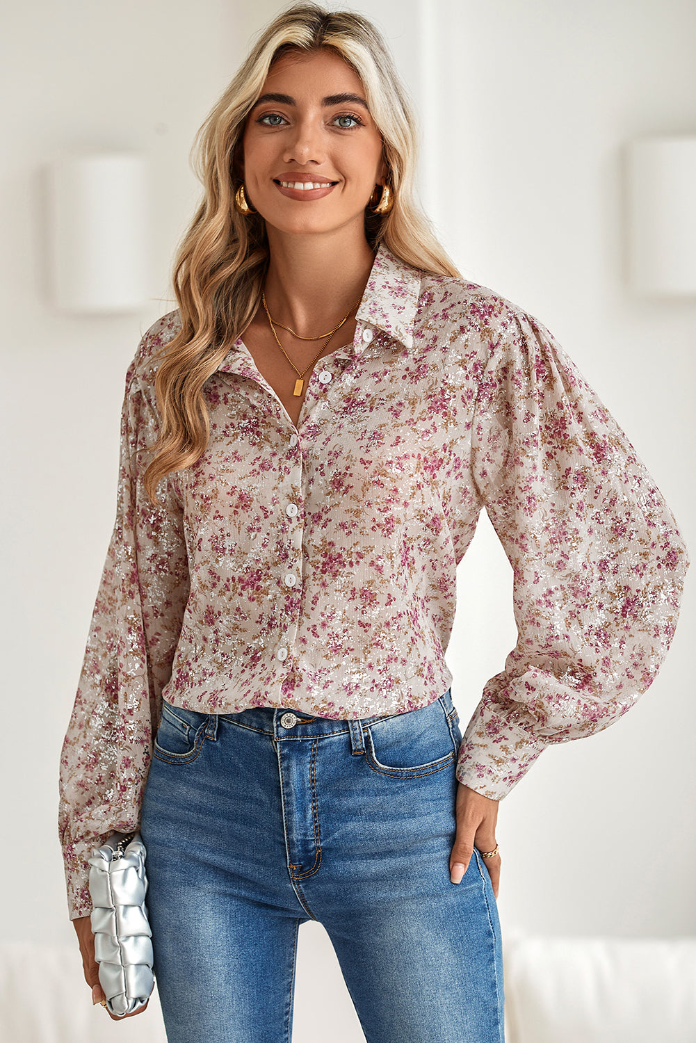 Pink Ditsy Floral Print Bishop Sleeve Collared V Neck Shirt