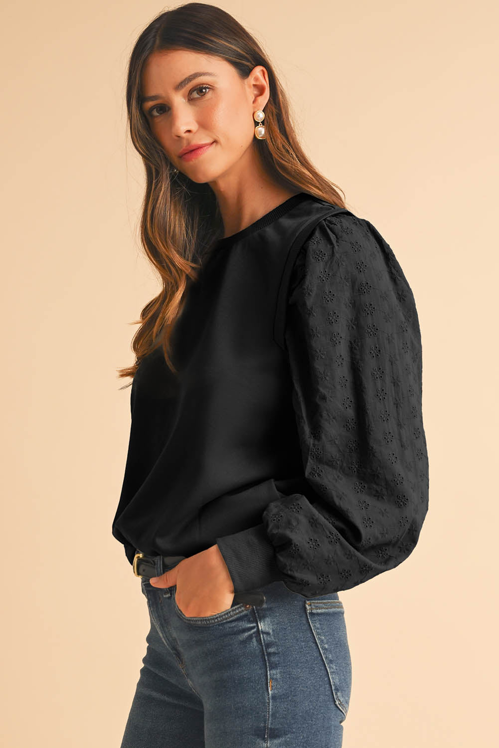 Black Eyelet Embroidered Patchwork Sleeve Ribbed Sweatshirt